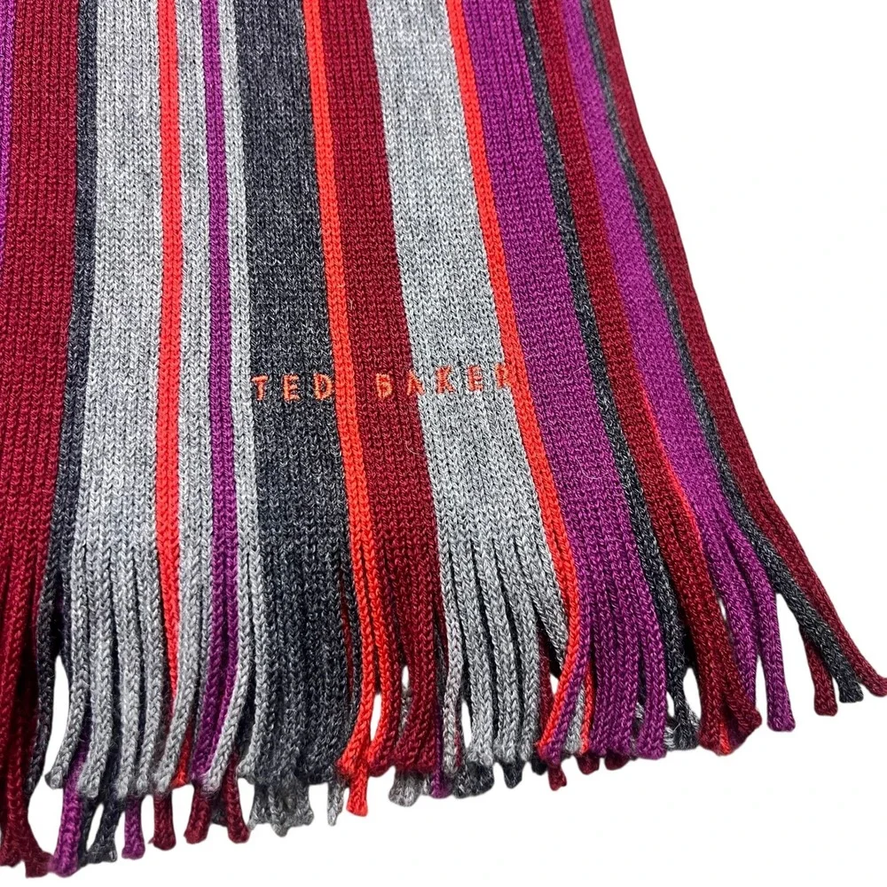 Ted‎ Baker London Mens Striped Knit Scarf Grey Burgundy Purple Orange Fringe